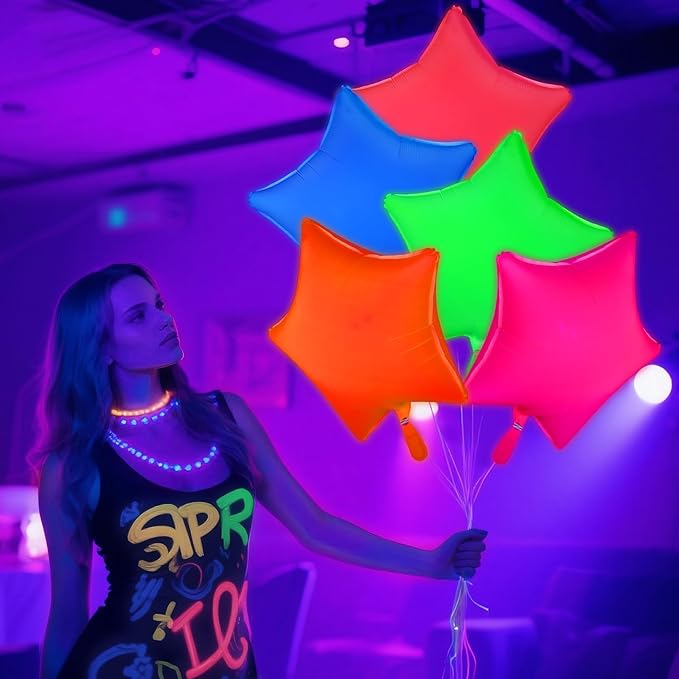Mega-L Glow in the Dark Party Supplies, 5 Pcs Neon Star Balloons Set – Fluorescent Red, Lemon Yellow, Fuchsia, Blue and Orange Balloons Perfect for Birthday, Wedding, Anniversary, Graduation Party