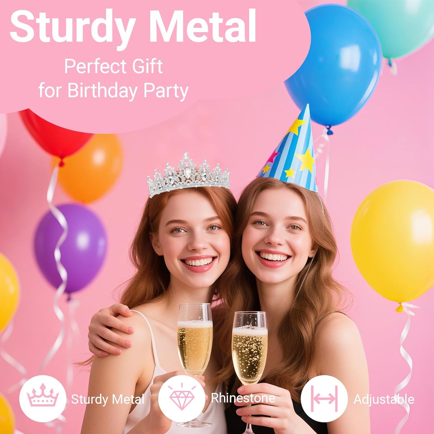 Birthday Tiara and Crown with Sash, Birthday Tiara for Women Party (Silver)