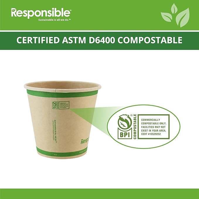 Responsible Products Certified Compostable 8 oz Paper Cups, Cold ＆ Hot Coffee Cups, Disposable Paper Cups, Extra Strength Disposable Cups, Made without PFAS (50 count)