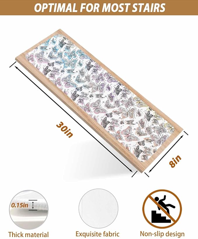 Spring Day Stair Treads Non Slip for Wooden Steps Abstract Simple Line Butterflies Colorful Gradient Stair Runner Carpet Reusable Adhesive Staircase Rugs for Dogs, Elders and Pets, 8x30 Inch, 10PCS