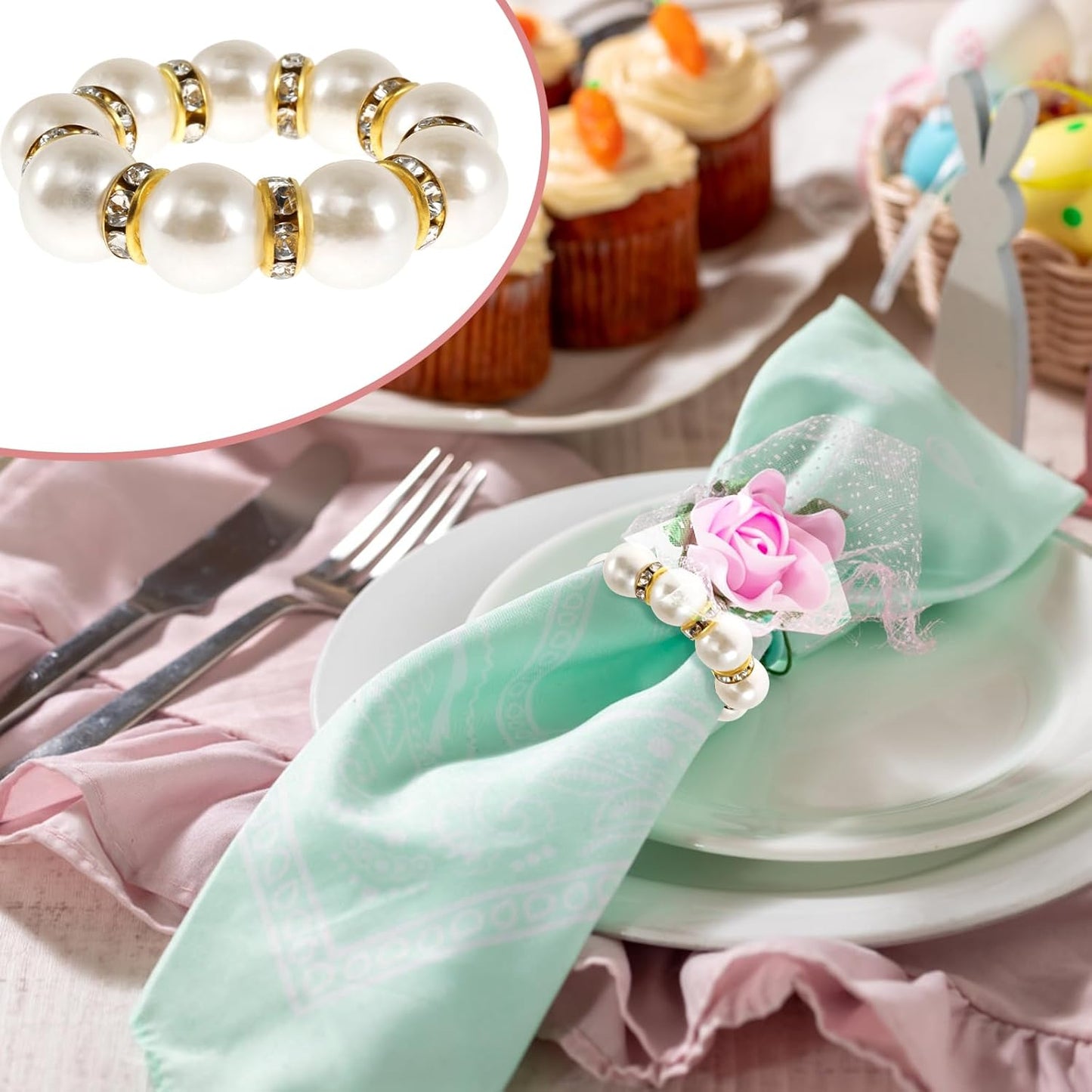 24 Pcs Gold Napkin Rings Set, Imitation Pearl Napkin Ring Holders, Disposable White & Gold Beaded Napkins Rings for Wedding Party Home Reunion Decorations