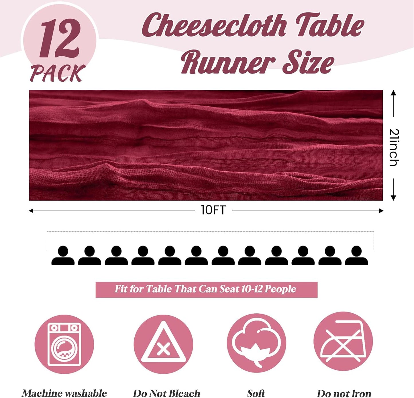 12 Pack Burgundy Table Runners 10FT Cheesecloth Table Runner 21 x 120 inch Boho Gauze Cheese Cloth Table Runner Rustic Sheer Table Runners for Party Wedding Bridal Baby Shower Birthday Table Decor