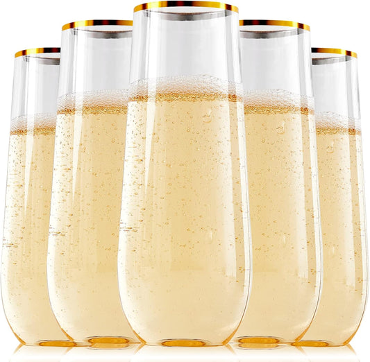 FOCUSLINE 24 Pack 9 Oz Plastic Stemless Gold Rim Champagne Flutes, Heavy Duty, Shatterproof, Disposable & Reusable Crystal Clear Toasting Glasses