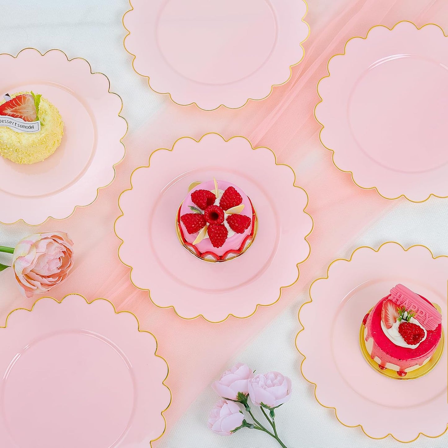 LIYH 100 Pcs 7.5" Pink Plastic Plates with Gold Disposable Pink Dessert Plates Gold Plastic Plate,Baby Shower Plate Set Suitable for Weddings Bridal Showers Afternoon Tea