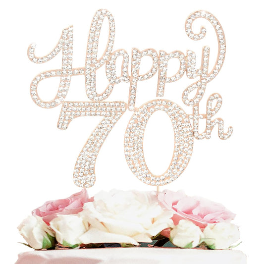 LASKYER Happy 70th Birthday Decorations,70th Birthday Gold Rhinestone Cake Topper - Cheers to Seventy Years Old Bday Party Metal Sparkly Cake Centerpieces Sign.