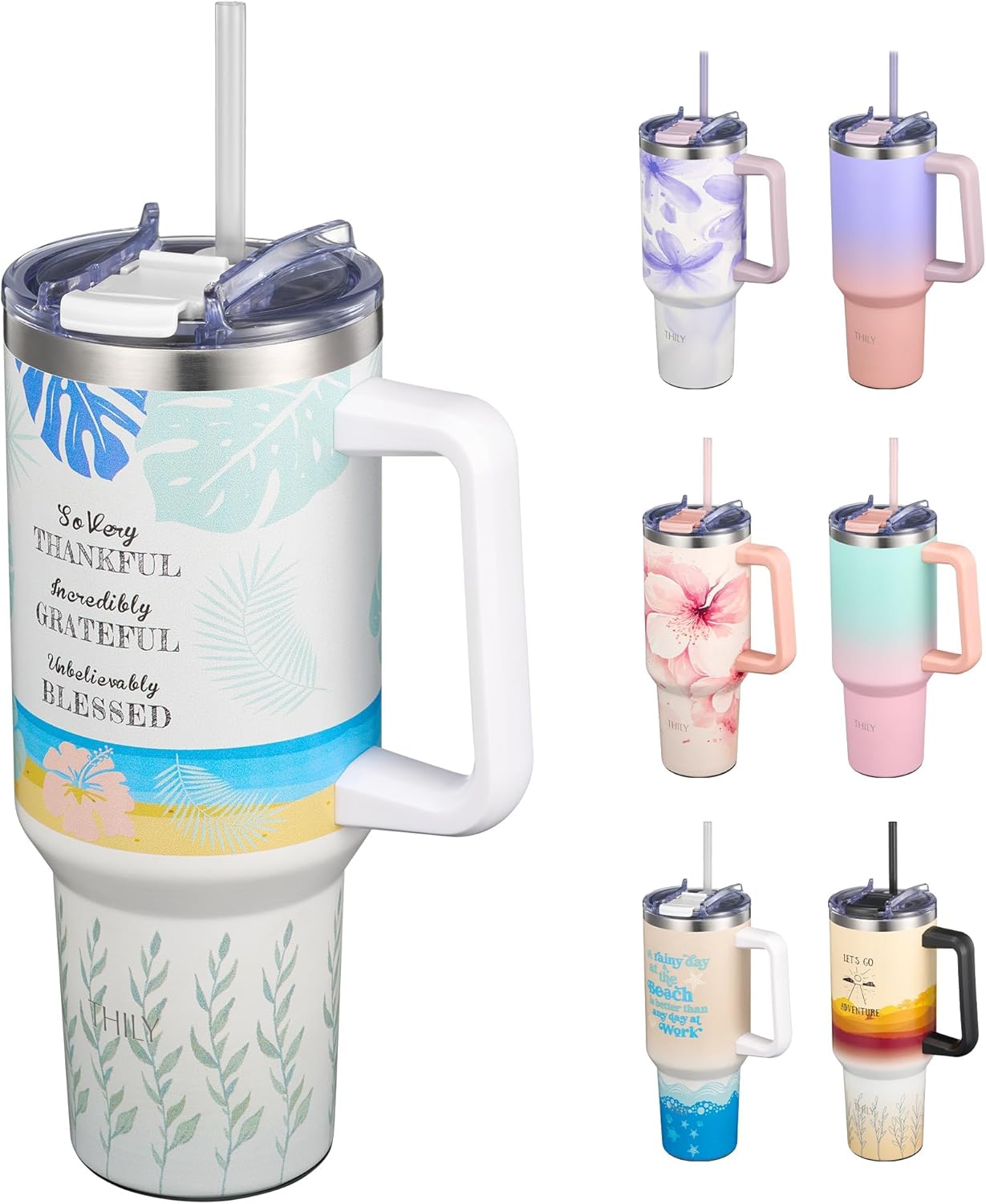 THILY 40 oz Stainless Steel Tumbler with Handle - Vacuum Insulated Travel Cup, Splash-Proof & Leakproof Lid, 2 Straws & Brush | Keeps Cold 34H/Hot 12H, Cupholder Friendly, Garden