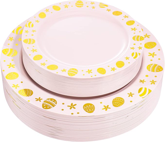 LIYH 60 Pcs Pink Plastic Easter Egg Plates Disposable Dinner & Dessert Plates with Gold Rim for Easter Day Party Decor 30 Guests