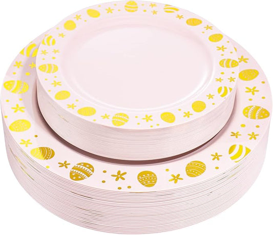 LIYH 60 Pcs Pink Plastic Easter Egg Plates Disposable Dinner & Dessert Plates with Gold Rim for Easter Day Party Decor 30 Guests