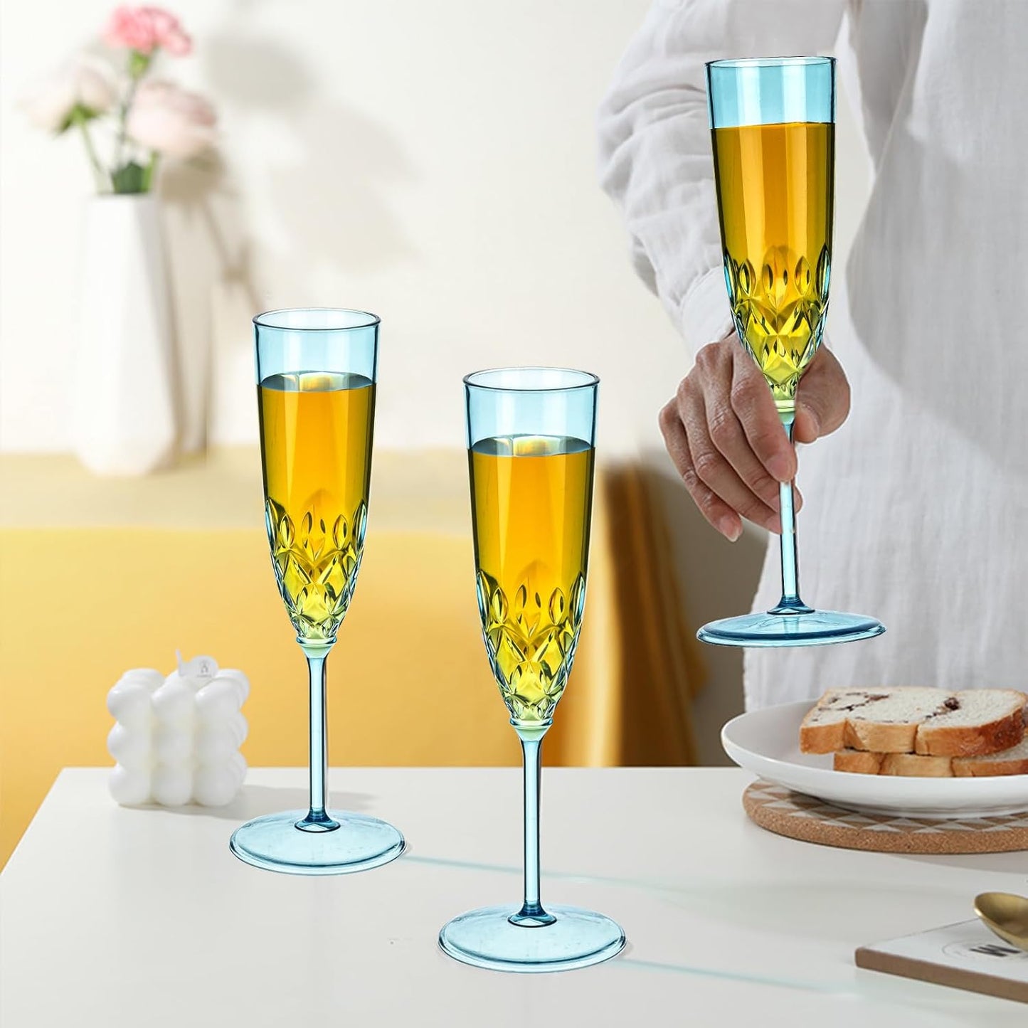 48 Pack Plastic Champagne Flutes, Shatterproof Reusable Fancy Crystal Clear Champagne Glasses, 5 oz Acrylic Unbreakable Elegant Party Drinking Cocktail Wine Glasses Wedding Birthday Bar Goblets Blue