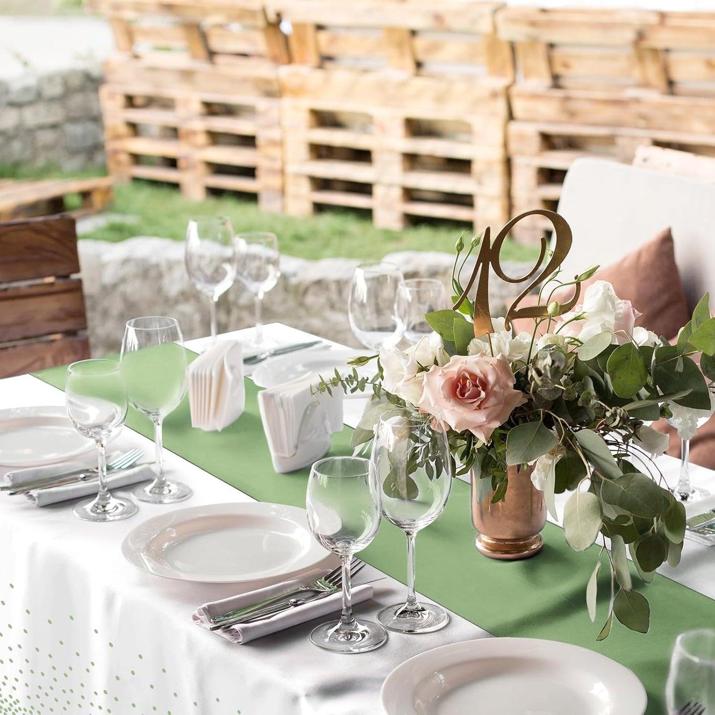 8Pack Plastic Tablecloths and Satin Table Runner Set Disposable White and Sage Green Dot Table Cloth Green Satin Table Runner for Wedding Birthday Baby Shower Anniversary Holiday Party Decorations