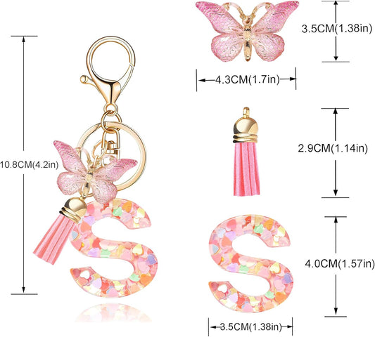 Fashion Alphabet Initial Letter Keychain Tassel Butterfly Pendant Key Ring for Purse Handbags Women Girl
