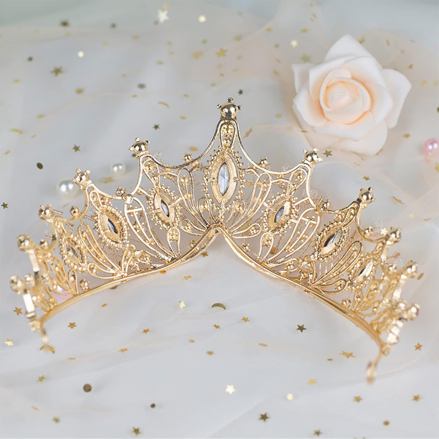 Yolmina Pink Baroque Vintage Crown, Crystal & Pearl Tiara for Women & Girls, Wedding & Party Accessory