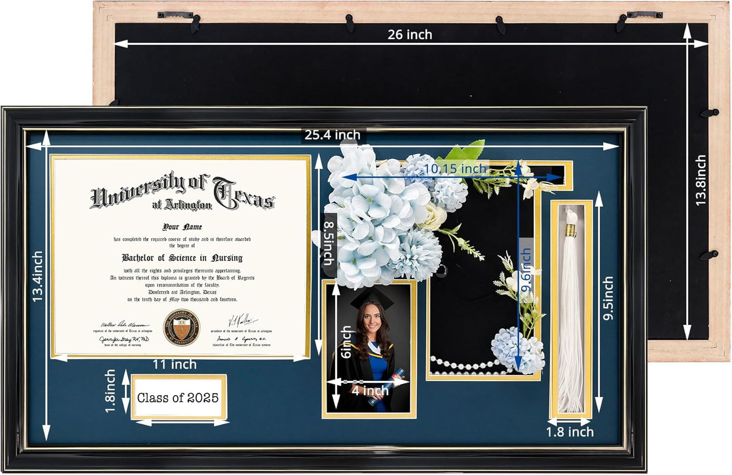 GraduationMall Class of 2025 Graduation Frame for 8.5x11 Diploma & 4x6 Photo with Graduation Cap & Tassel Holder, Black Wood Display Case with Navy Gold Mat