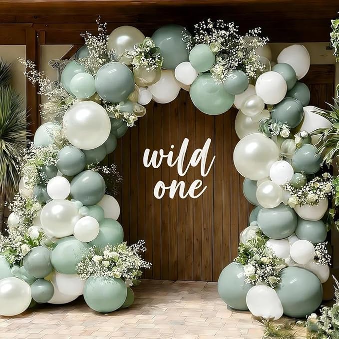 Sage Green White Balloon Garland, Double Stuffed Dusty Green Sand White Pearl Balloons Pastel Balloon Arch Kit for Baby Shower Birthday Bridal Wedding Gender Reveal Easter Party Decorations