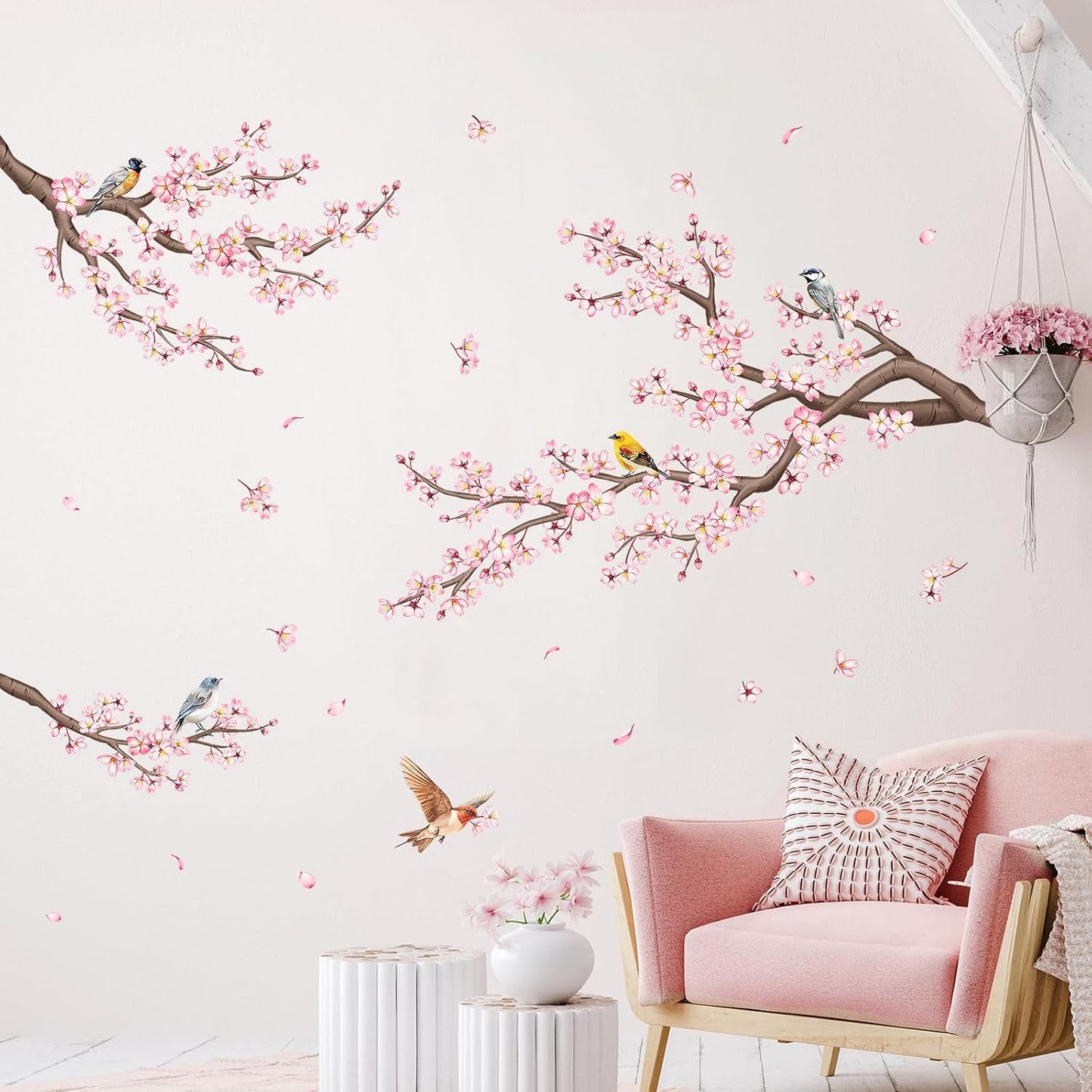 Pink Cherry Blossom Branch Wall Decals, Flowers Birds Wall Stickers Vinyl Peel and Stick Wall Decal Self Adhesive Wall Art Sticker for Aisle Bedroom Offices Sofa TV Backdrop Wall Home Decor