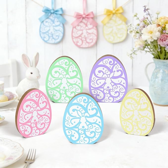 5 Pcs Wooden Hidden Bunny Easter Egg Tiered Tray Sign for Table Centerpieces Decoration Spring Cute Rabbit Mantal Ornament for Farmhouse Fireplace Easter Egg Hunts Basket Home Kitchen Party Supplies