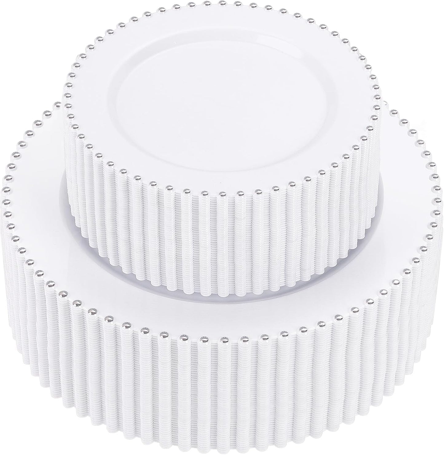 supernal 100pcs Silver Plastic Plates - Heavy Duty Elegant White Disposable Plates with Silver Beads Set Include 50 Plastic Dinner Plate and 50 Dessert Plate Perfect for Wedding, Birthday & Party