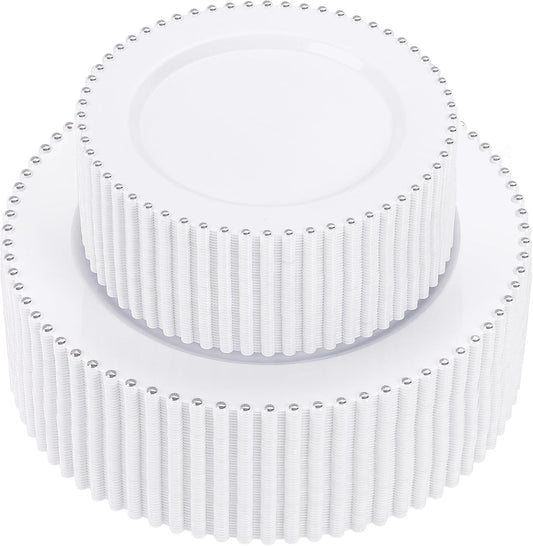 supernal 100pcs Silver Plastic Plates - Heavy Duty Elegant White Disposable Plates with Silver Beads Set Include 50 Plastic Dinner Plate and 50 Dessert Plate Perfect for Wedding, Birthday & Party