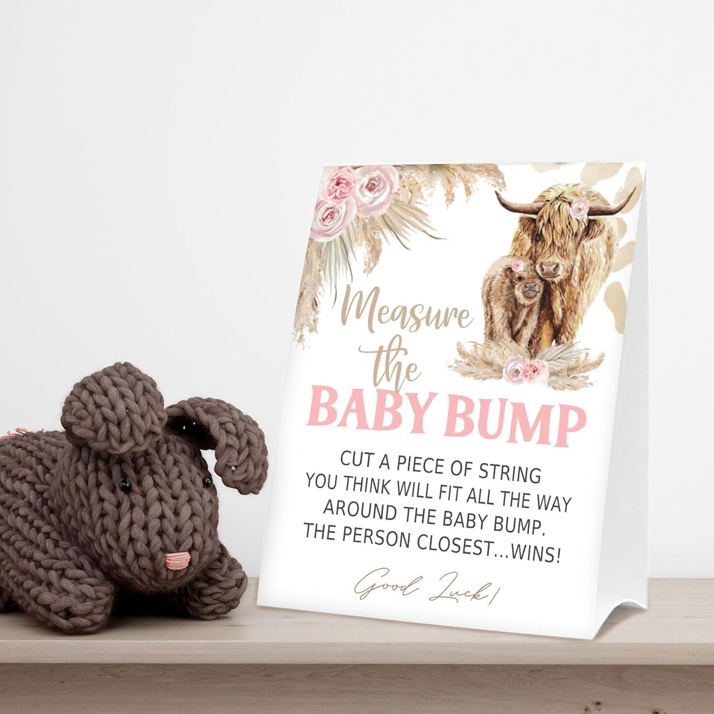 Baby Shower Games Measure the Baby Bump Sign, How Big is Mommy's Belly Party Favors Supplies, 5x7 Inch Kraft Standing Sign and 50 Guessing Cards, Holy Cow, Boho Pink Highland Cow