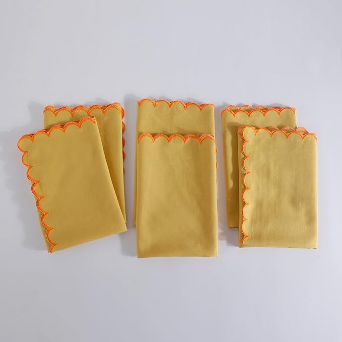 FINGERCRAFT Cloth Napkins, Everyday Use Reversible Scallop Design, Premium Quality Cotton Linen Blend Napkin Set of 6 Perfect for Parties Dinners Weddings Easter Napkin Cloth 20x20 Inch Gold