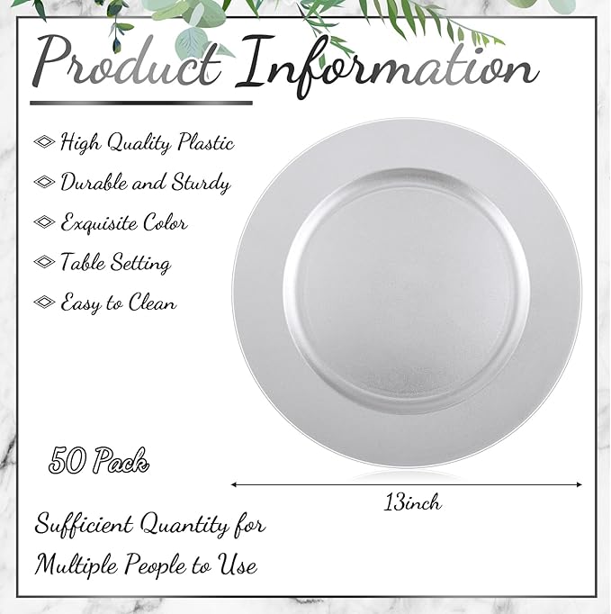 Tanlade 50 Pcs 13 Inch Charger Plates Bulk Round Wedding Chargers Plastic Dinner Plates for Table Setting Wedding Party Decoration (Silver White)