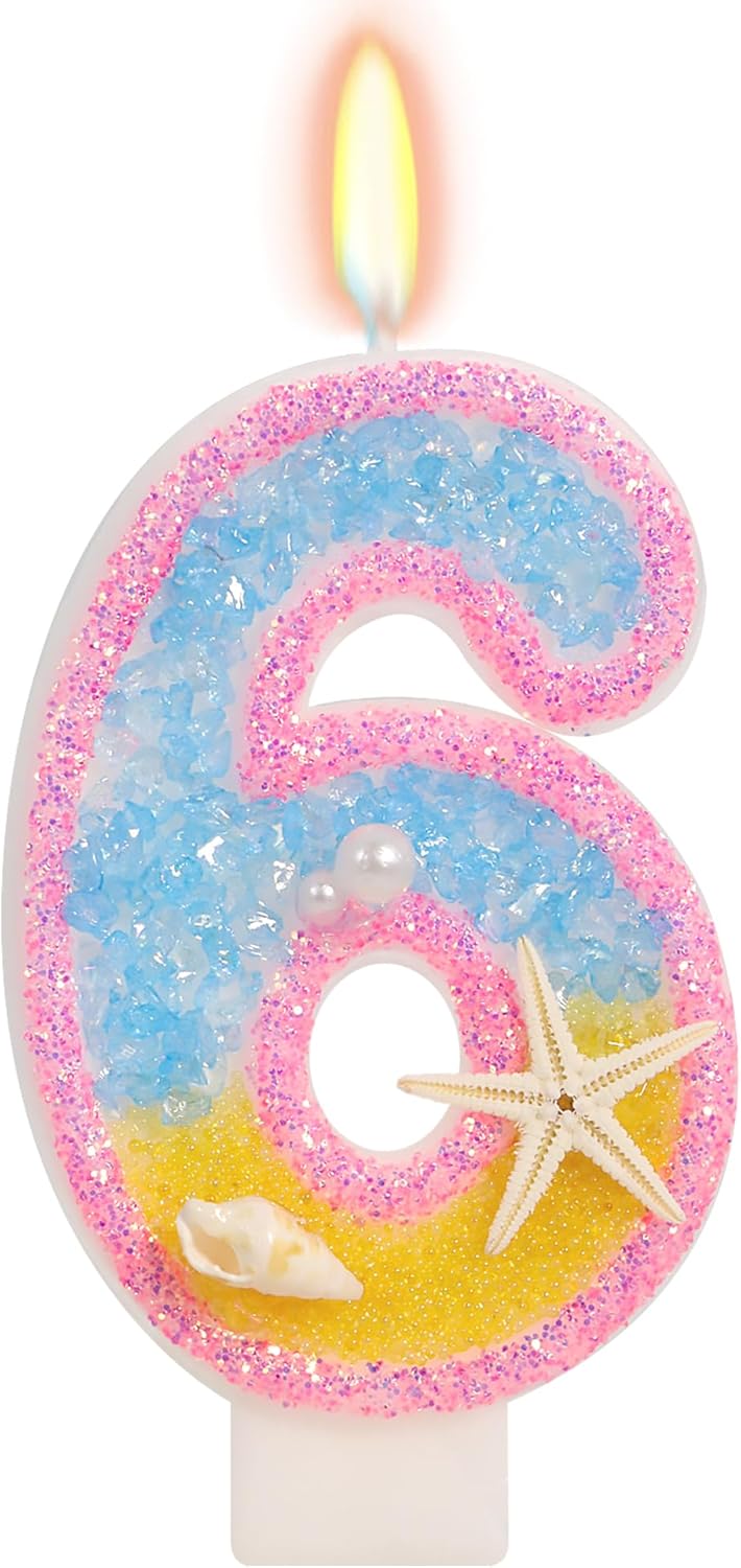 6th Birthday Candle for Cake, Pink Beach Starfish Sequins Number Cake Candles, 2.76 inch Pink Cake Topper Decoration for Birthday Party (Number 6)