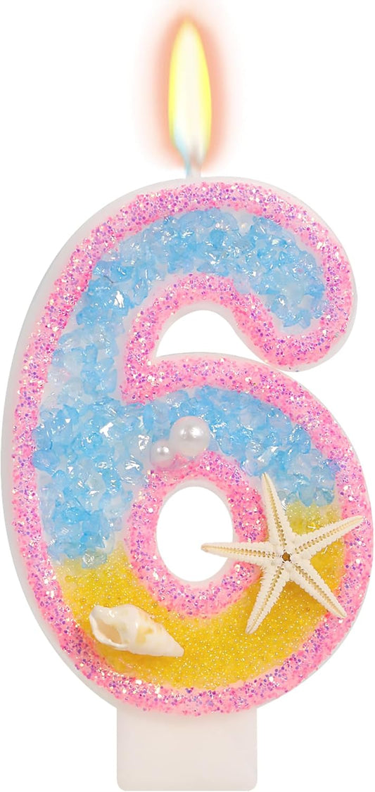 6th Birthday Candle for Cake, Pink Beach Starfish Sequins Number Cake Candles, 2.76 inch Pink Cake Topper Decoration for Birthday Party (Number 6)