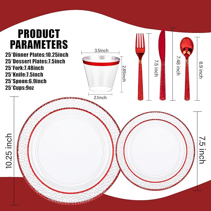 Ciaell 150 PCS Red Plastic Plates – Clear Hammered Disposable Plates with Red Rim include 50Plates, 25Forks, 25Knives, 25Spoons, 25Cups for Wedding & Party & Anniversary