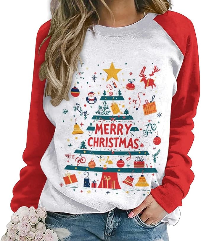 LOAIHA Christmas Sweatshirts for Women Christmas Tree Graphic Shirt Xmas Long Sleeve Merry Christmas Pullover Blouse