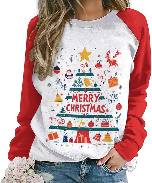 LOAIHA Christmas Sweatshirts for Women Christmas Tree Graphic Shirt Xmas Long Sleeve Merry Christmas Pullover Blouse