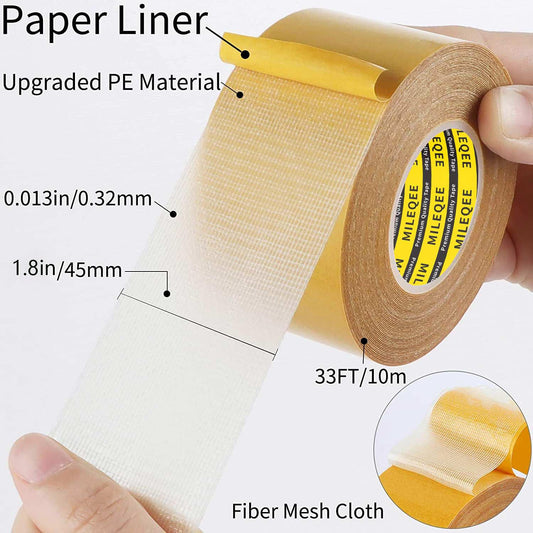 Double Sided Tape Heavy Duty, 1.8in x 33FT(10m), Universal High Tack, Strong Wall Adhesive with Fiberglass Mesh, Sticky Clear Tape, Easy Use Transparent, Hand Tearable, Home Office School
