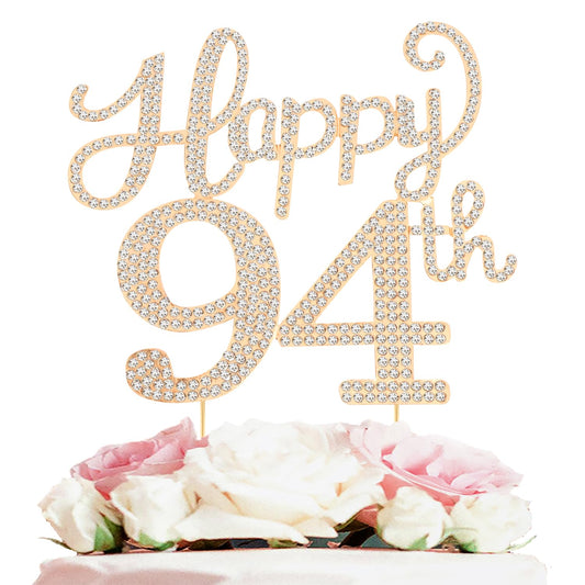 Happy 94th Birthday Decorations,94th Birthday Gold Rhinestone Cake Topper - Cheers to 94 Years Old Bday Party Metal Sparkly Cake Centerpieces Sign.
