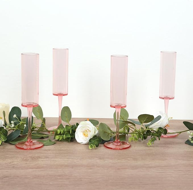 Efavormart 6 Pack Transparent Blush Reusable Plastic Champagne Flute Glasses in Cylindrical Shape, 6oz Wine Mimosa Glass Goblets with Long Stems - 9.5" Tall