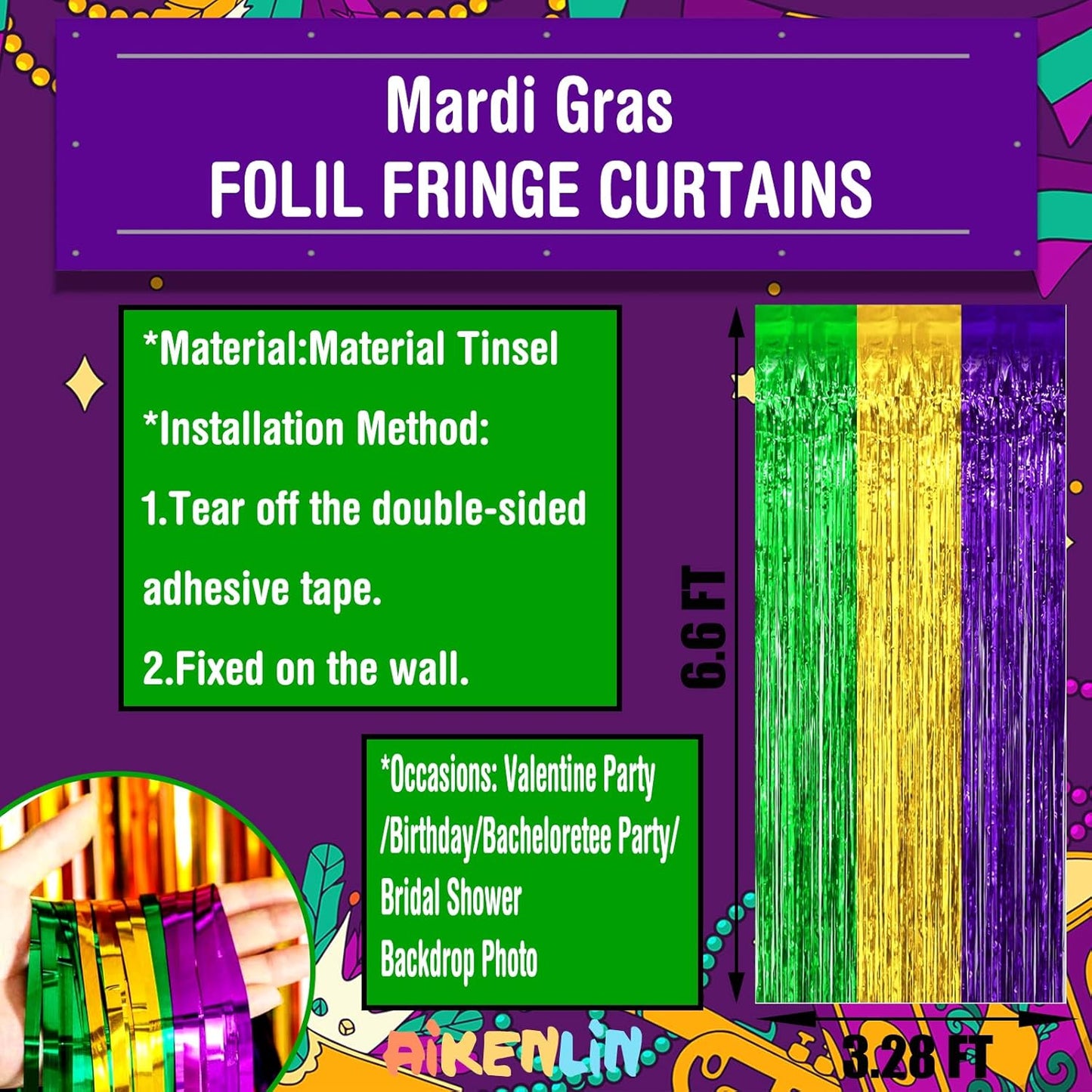 4 Pack 3.2Ft x 6.6Ft Mardi Gras Foil Fringe Curtain Backdrop, Gold Green Purple Metallic Tinsel Foil Fringe Streamers Curtains Background for Photo Booth, Birthday, Wedding, Carnival Party Decoration