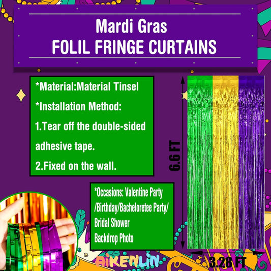 4 Pack 3.2Ft x 6.6Ft Mardi Gras Foil Fringe Curtain Backdrop, Gold Green Purple Metallic Tinsel Foil Fringe Streamers Curtains Background for Photo Booth, Birthday, Wedding, Carnival Party Decoration