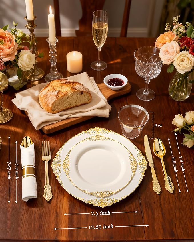 Nervure 175PCS Ivory Plastic Plates - Ivory Gold Plastic Dinnerware Sets for 25 Guests - 50 Ivory Disposable Plates, 25 Pre Rolled Cutlery Set, 25 Cups Perfect for Wedding, Party