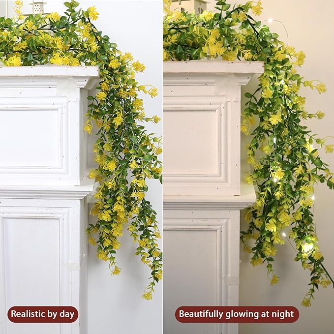 RECUTMS 3 Pcs Green Garland with Lights Fern Hanging Light Fake Hanging Vines Spring Garland with Lights Green Leaf Vines for Spring Home Wall Mantel Party Wedding Fireplace Decoration(Yellow)