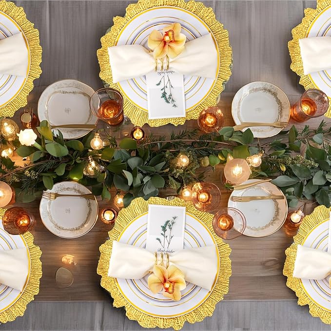 20pcs Gold Charger Plates,13 Inch Charger Plates Bulk,Round Ruffled Rim Chargers for Dinner Plate,Disposable Chargers Plate for Wedding,Party