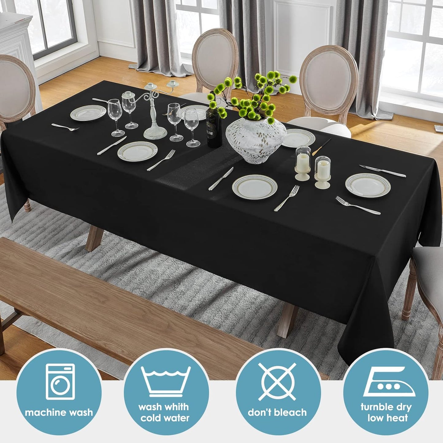 VidaFete Tablecloth 60 * 120inch 2pack Rectangle Table Cloth Polyester, Stain Wrinkle Resistant Dining Table Cover for Kitchen Dinning Party Wedding Rectangular Tabletop Buffet Decoration (Black)