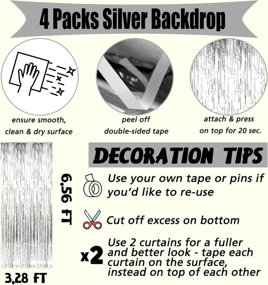 4 Pack Silver Fringe Curtain Backdrop, 3.2Ft x 6.6Ft Metallic Tinsel Foil Fringe Streamers Background for Photo Booth Birthday Wedding Baby Shower Carnival Easter Mother’s Day Party Decorations
