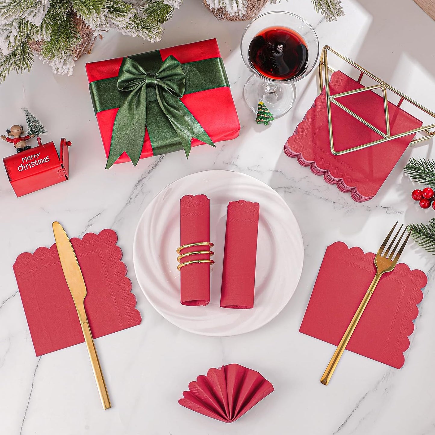 120 Pcs Red Napkins, Scalloped Christmas Napkins Red Cocktail Napkin Beverage Dessert Napkin for Christmas Birthday Wedding Baby Shower, 5 x 5 Inch