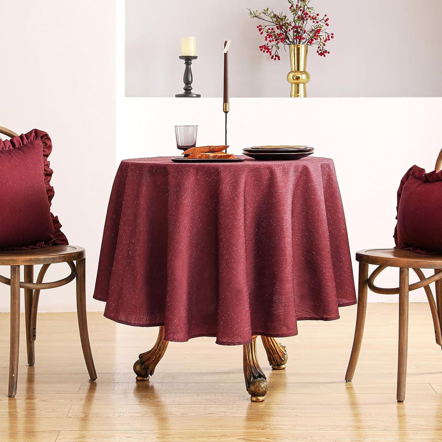 ISAENNE Red Tablecloth for Round Tables,Linen Table Cloth Solid Color Plain Simplicity,Heavy Durable Table Cover for Dining Kitchen Decor Party Banquet,Diameter 55"