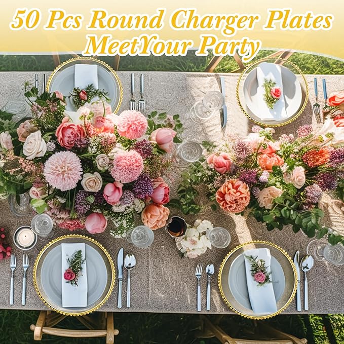 Hoolerry 50 Pack Clear Charger Plates Bulk 13 Inch Plastic Round Beaded Dinner Chargers Acrylic Frosted Grain Decorative Service Plates for Wedding Party Event, Home and Kitchen Tabletop (Gold)