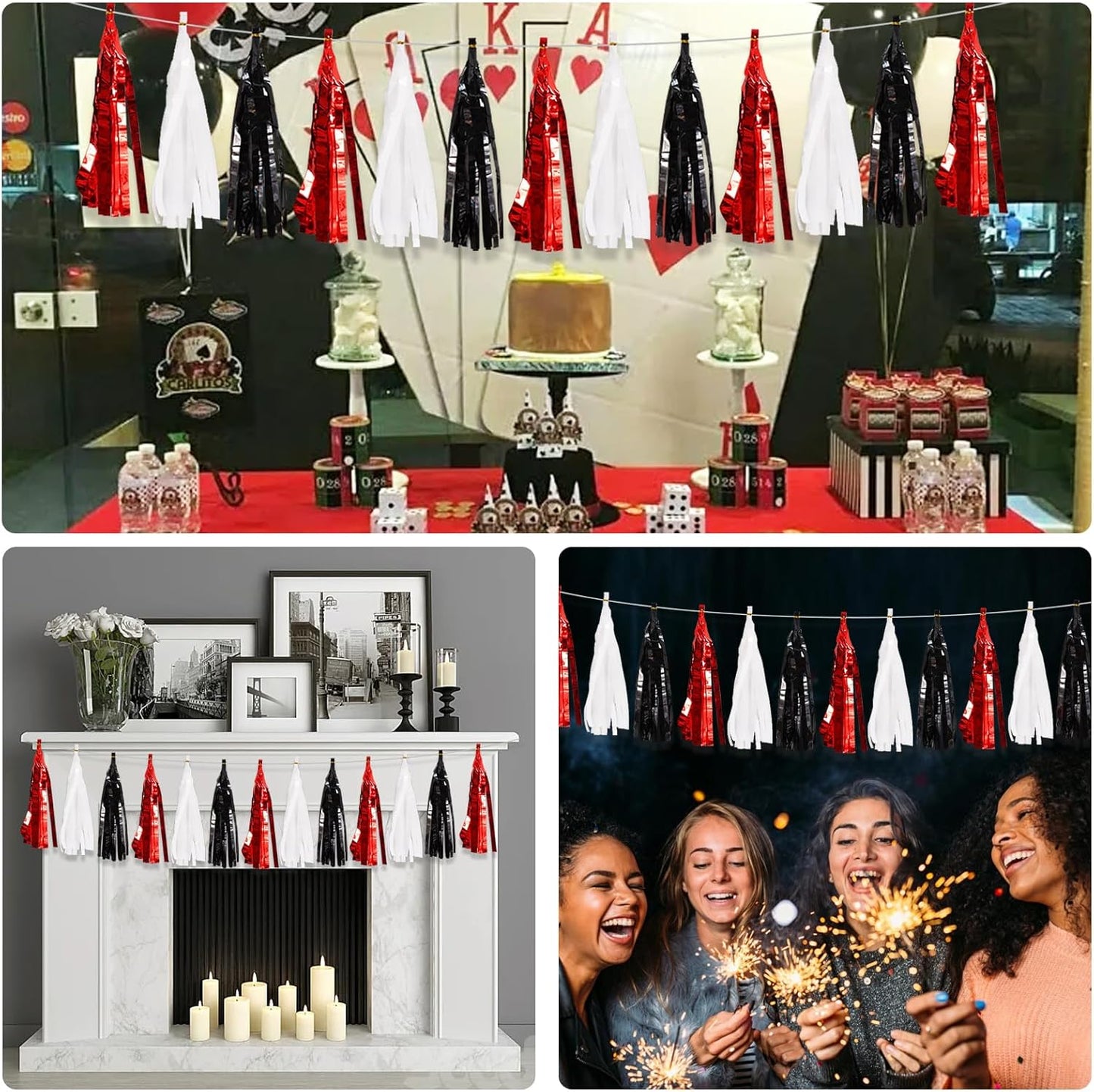 BEISHIDA 3 Packs Red Black White Metallic Foil Fringe Tassel Garland, Tassels Banner Streamers for Car Floats Bridal/Baby Shower Birthday Wedding Halloween Christmas Holiday Party Decoration