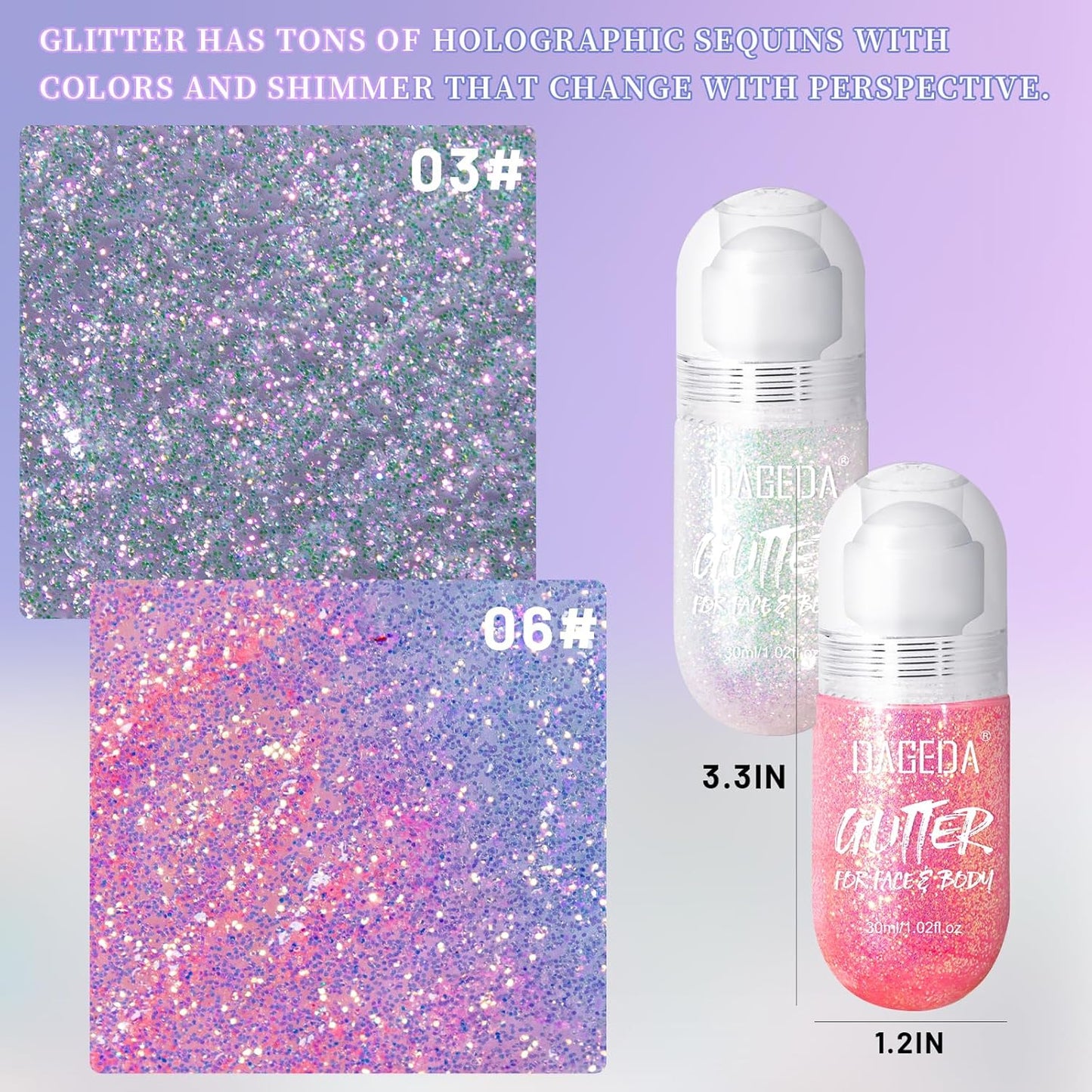 DAGEDA 2Colors Roll-on Body Glitter Gel for Body, Hair, Face, Holographic Glitter Makeup for Rave Accessories, Body Shimmer Hair Glitter Gel for Halloween Makeup(Sparkling Pink+Pink)