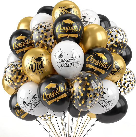 Paready Graduation Balloons Set, 60Pcs Black Gold GRAD Print Balloons, 12 Inch Metallic Black Gold White Confetti Balloons for Graduation Party Decoration Supplies