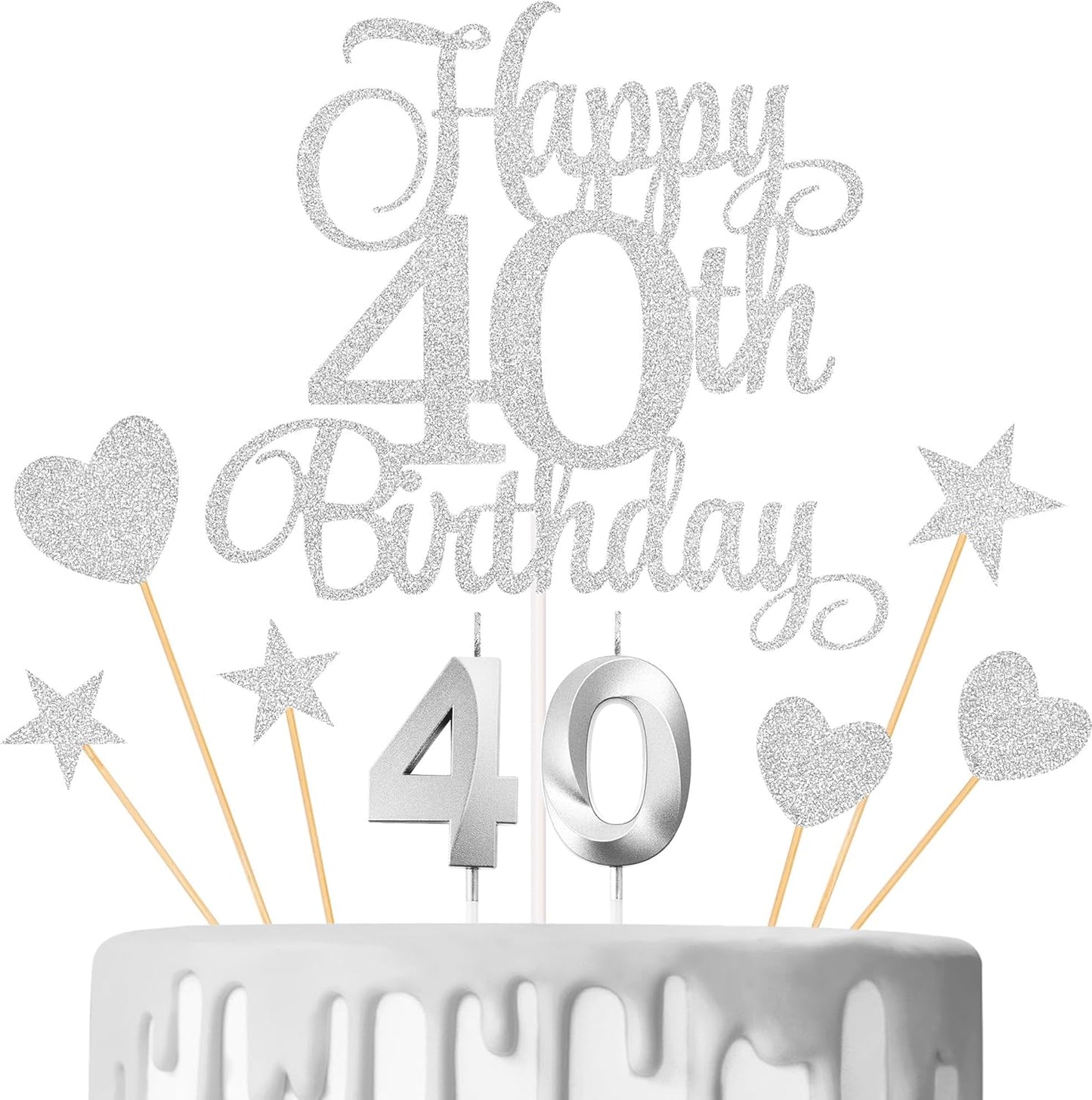 40th Birthday Cake Decorations, 40th Birthday Candles Cake Numeral Candles and Glitter Happy 40th Birthday Cake Toppers Set for Birthday Party Supplies (Silver)