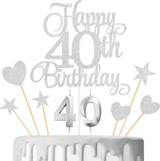 40th Birthday Cake Decorations, 40th Birthday Candles Cake Numeral Candles and Glitter Happy 40th Birthday Cake Toppers Set for Birthday Party Supplies (Silver)