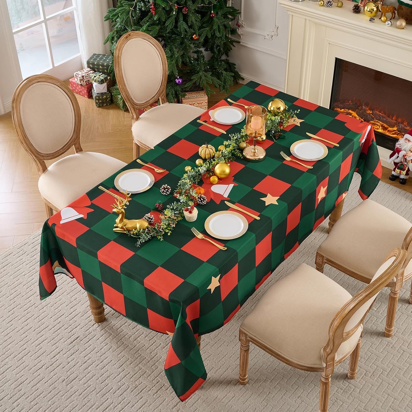 Christmas Tablecloth Rectangular 60x102 Inch Waterproof, Machine Washable Checkered Polyester Table Cover for Xmas Party, Winter Holiday Home Decoration in Festive Checkered Star 1pack