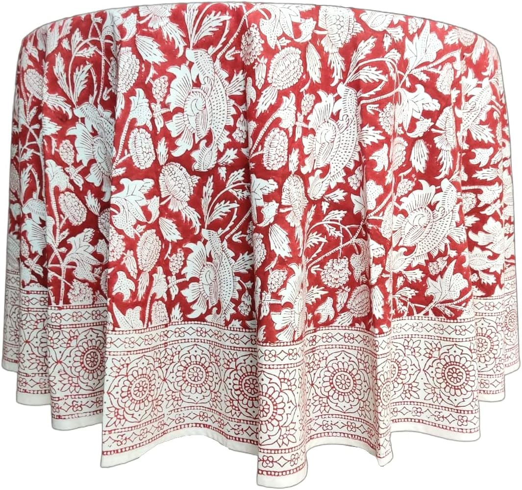 ATOSII Meraki Red 100% Cotton Round Tablecloth, Handblock Print Floral Table Cloth for Kitchen Dining Linen I Parties, Weddings, Outdoors I 90" Inches Round